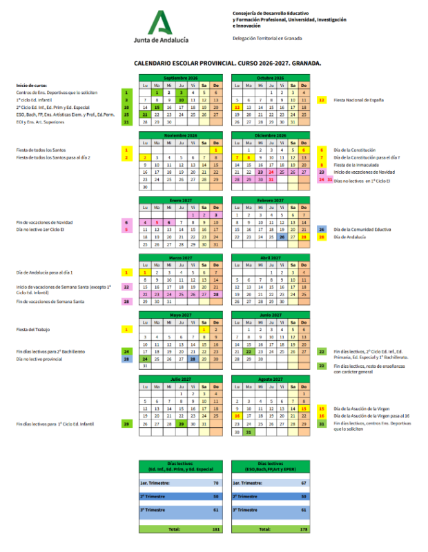 2026-2027 Granada Province School Calendar